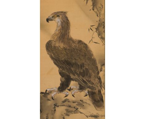 GAO JIANFU (1879-1951): 'MAJESTIC EAGLE ON CLIFF'China, dated 1917. Ink, watercolors, and gouache on silk. Mounted as a hangi