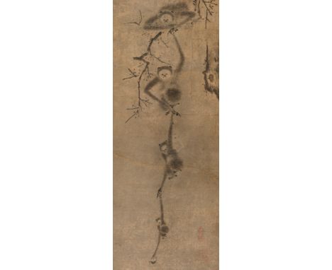 CHAIN OF GIBBONS WITH TEA KETTLE'Japan, early Edo period (1615-1868). Ink on paper. Mounted on a silk brocade frame, set insi