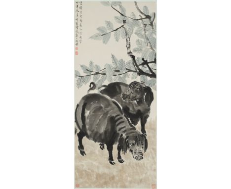 XU BEIHONG (1895-1953) AND ZHANG SHUQI (1899-1956): 'TWO PIGS', DATED 1937China. Ink and watercolors on paper. Mounted as a h