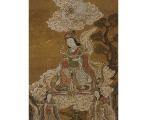 FUGEN BOSATSU WITH HER ATTENDANTS'Japan, 17th-18th century, Edo period (1615-1868). Ink, watercolor, gouache, and gold paint 