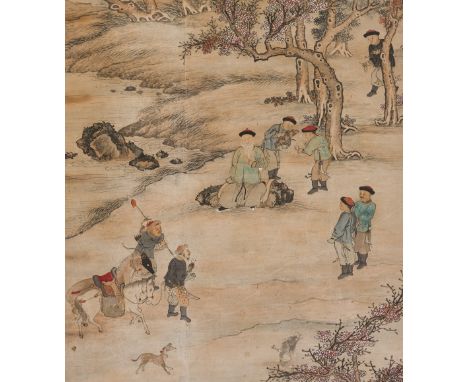 A MANCHU HUNTING PARTY'China, 18th-19th century. Ink, watercolor, and gouache on paper. Mounted and framed behind glass. Fine