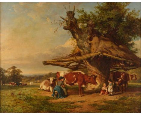 William Shayer Snr. (1787-1879)Milking timeSigned, oil on canvas, 68.5cm by 89cmLined, all keys present, a little lacking in 
