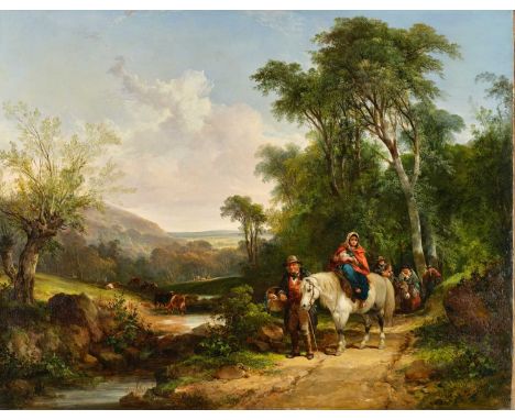 William Shayer Snr. (1787-1879)Travellers in an extensive river landscapeSigned, oil on canvas, 70.5cm by 90cmLined, a little