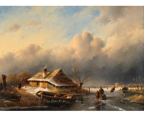 Charles Henri Joseph Leickert (1816-1907) Dutch Winter landscape with figures on a frozen river Oil on panel, 32cm by 45cmPro