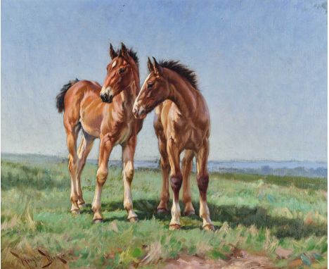 Wright Barker RBA (1864-1941)Two foals standing in a Summer landscapeSigned, oil on canvas, 63.5cm by 76.5cmUnlined, all keys