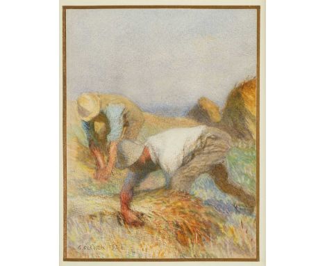 Sir George Clausen RA, RWS, RI (1852-1944)GleanersSigned and dated 194*, mixed media, 18cm by 14cm Mounted on backing card, a