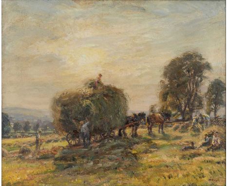 Herbert Royle (1870-1958) "Carting Hay, Wharfedale" Signed, inscribed in pencil to upper stretcher verso, oil on canvas, 49.5
