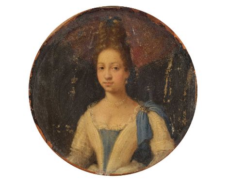 Follower of Arnold Boonen (1684-1729) DutchPortrait of a lady, half-length, wearing a white dress trimmed with lace at the dé