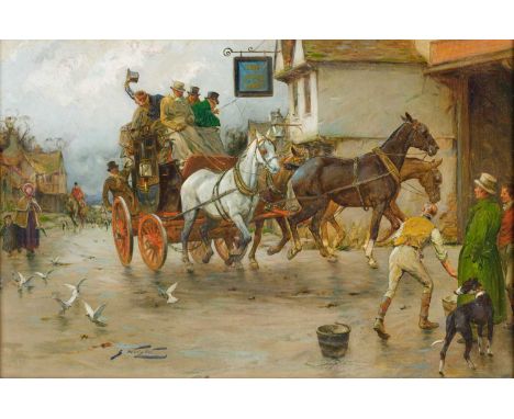 George Wright (1860-1942)Stagecoach leaving The George InnSigned, oil on canvas, 33.5cm by 51.5cmApparently unlined, good ten