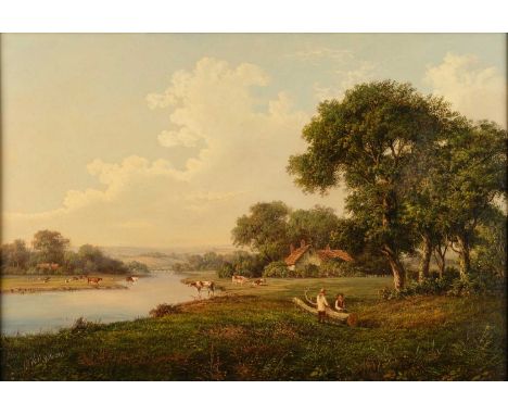 W.H Williams (19th Century)Landscape with figures and cattle wateringSigned, oil on canvas, 44cm by 64cmLined, fairly stiff a