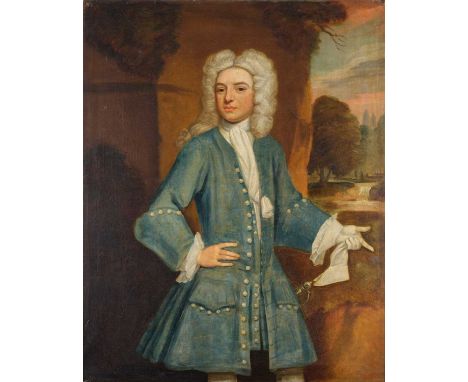 Follower of Charles Jervas (c. 1675-1739) IrishPortrait of a young gentleman, wearing a blue overcoat with a matching waistco