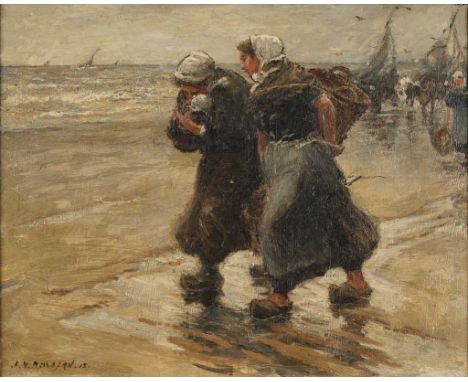 Joseph Yelverton Dawbarn RA (1856-1943)Fisherwomen unloading the catchSigned and dated (19)13, oil on canvas, 40cm by 49.5cmB
