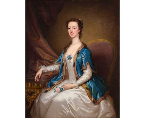 European School (18th Century) Portrait of an elegant lady, three-quarter length, seated, wearing a white satin dress, with a