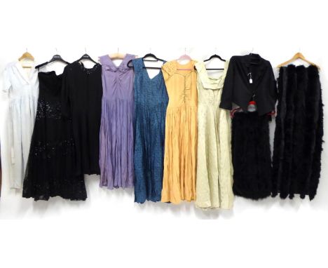 Assorted Circa 1930s and Later Evening Wear, including an Ecker Couture Model black crepe dress with multi pleated skirt and 