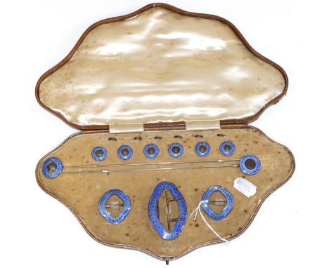 A Cased Silver and Enamel Lady's Dressing Set, by Henry Matthews, comprising; a pair of hat pins, six buttons and three buckl