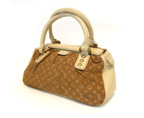 Louis Vuitton Light Brown Monogram Handbag, trimmed with ivory coloured leather and brass metal mounts, double leather handle