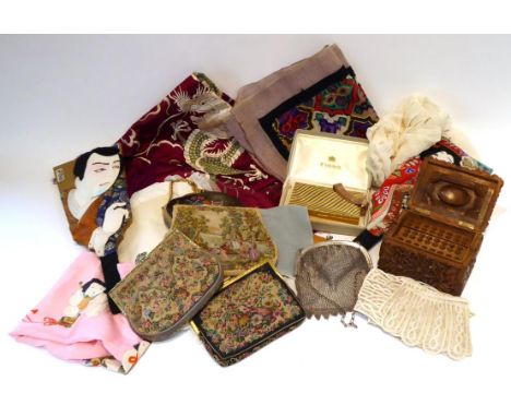 Three Early 20th Century Tapestry Evening Bags, with variously embellished metal frames; a Fitted Two-Tone Gold Metal Wrist C