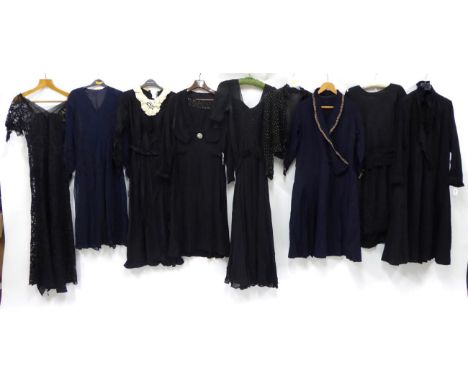 Assorted Early 20th Century Dresses, including a navy chiffon and black lace long sleeved dress with V-neckline; a black long