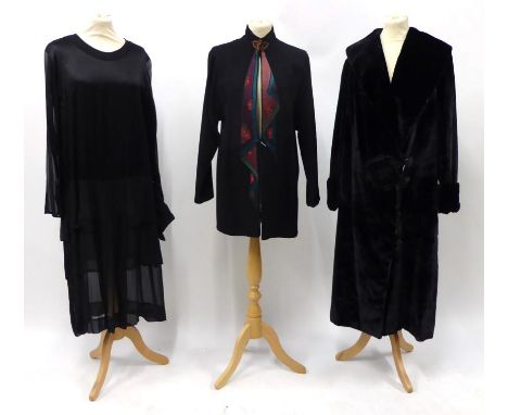 Circa 1920s Black Crepe and Silk Drop Waist Dress, with long sleeves and tiered skirt; a Classic Sealette Opera Coat, with st