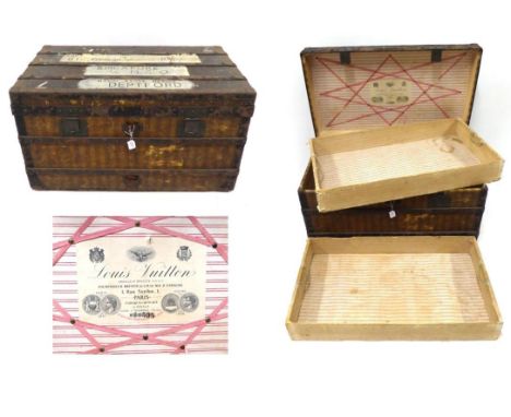 Late 19th Century Louis Vuitton Cabin Trunk, with a beige and brown rayee striped canvas mount, enclosing two lift out trays,