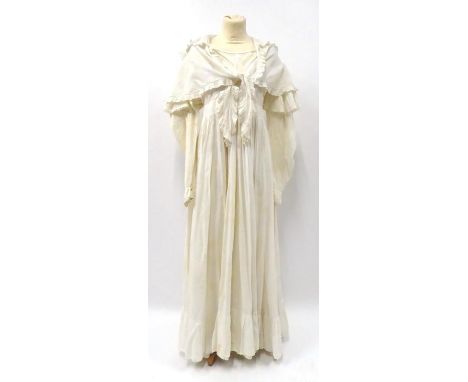 Circa 1845 White Cotton Ladies Dress, wide sleeves culminating in fitted cuffs, decorative pleating to top of sleeve followed