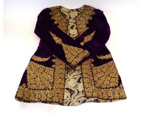 1930s Albanian Boys Purple Velvet Coat, embellished with gilt thread and sequin embroidery in a stylised design   Reputedly, 