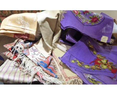 Seven Mid 19th Century Shawls, including a long gauze Summer shawl in cream and cerise, a second long Summer shawl in black a