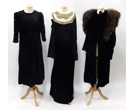 1920s Black Velvet Coat, by Browns of Chester, shawl collar trimmed with fox fur, ruching to elbows, covered buttons to cuff,