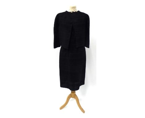 Circa 1960s Pierre Balmain Paris Couture Black Wool Dress, self-striped with faux long sleeve jacket, with buttons to the rev