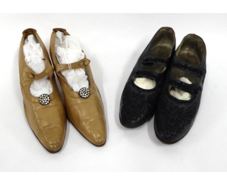 Pair of Circa 1890-1900 Black Kid Shoes, beaded to the toes and across double ankle straps; together with a Pair of Beige Kid