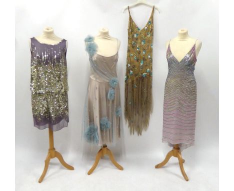 Small Group Of Ladies Beaded And Sequinned Evening Dresses, comprising a Jenny Packham lilac strappy dress densely embellishe