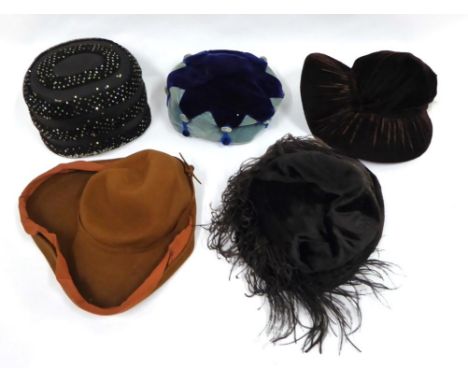 Circa 1920s and Later Hats, comprising Jack McConnell New York navy blue and light blue tabbed hat; a Thurn Paris brown velve