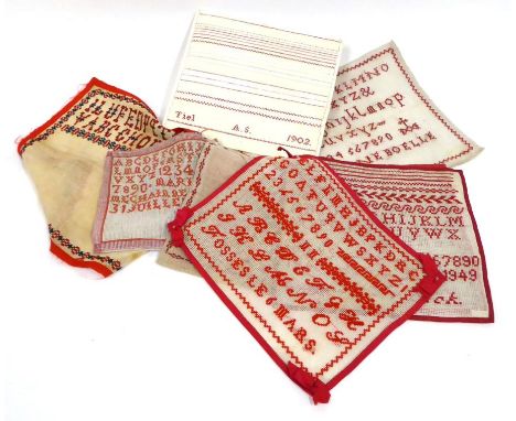 A Small Collection of Unframed European Samplers, all first half 20th century, worked on coarse canvas in red wool, with the 