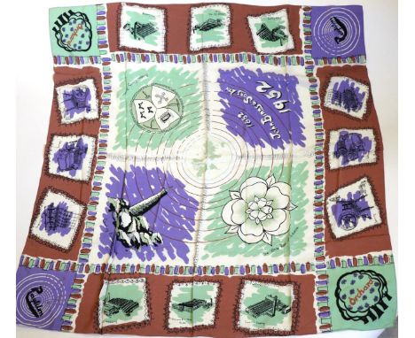 1950s John Binns and Sons Ltd Scarf, printed with various northern landmarks and motifs including the white rose of Yorkshire