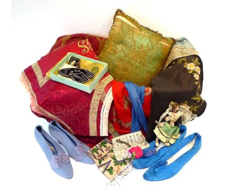 Miscellaneous Collection of Embroideries and Ecclesiastical Items, comprising a late 19th/early 20th century beadwork bag; a 