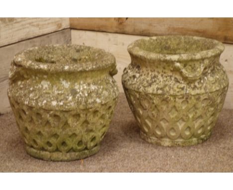 Pair composite stone planters with Celtic decoration, H26cm