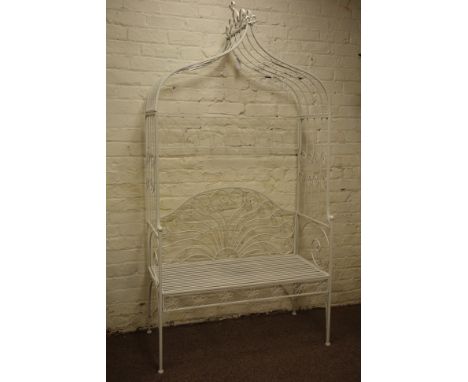 Milk white wrought metal arbour bench, W122cm, H202cm