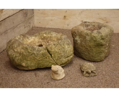 Small stone trough (W43cm), small mortar, frog and tortoise ornaments 
