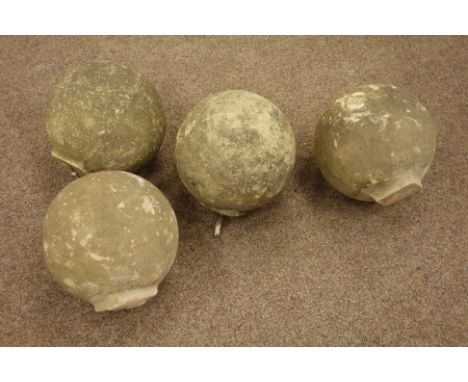 Set four weather stone effect spherical gate post finials, D29cm