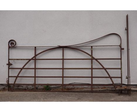 19th century large wrought iron estate gate, arched cross bar with scroll finial, with latch, wall hanging and last brackets 