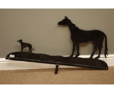 Wrought metal dog and horse weather vane pediment, W92cm