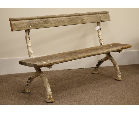 19th century cast iron railway type bench with moulded pine seat and back, W166cm, H86cm   Condition Report   Click here for 