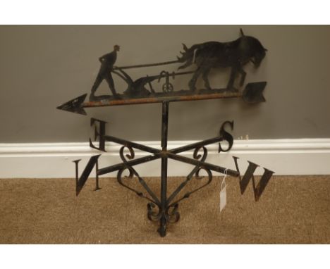 Wrought metal weather vane, with shire horse and farmer ploughing 