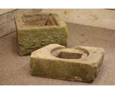 Rectangular stone trough with tool edge (43cm x 50cm), and another rough cut mounting stone