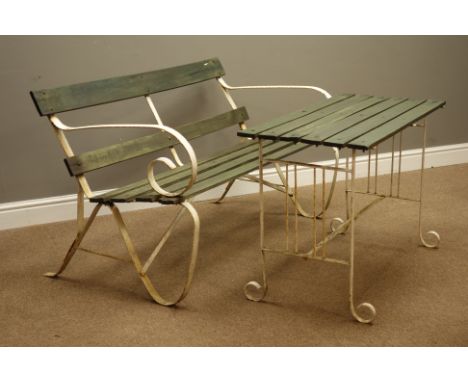 20th century white painted bent metal bench (W121cm), and matching table