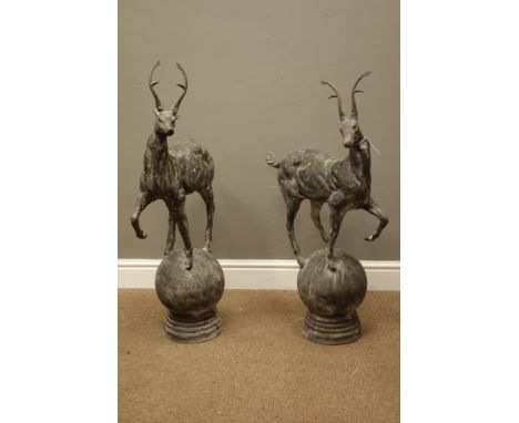Pair cast metal garden stags on spherical mounts, figures/gate post finials, H91cm