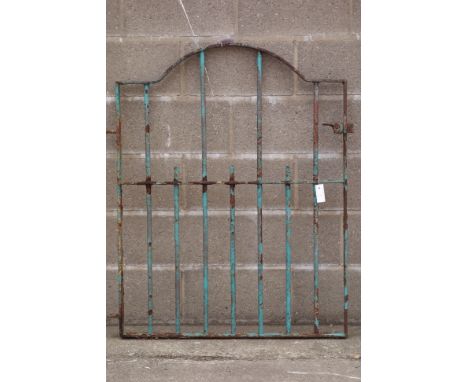 Wrought metal garden path gate, stepped arched pediment with iron rod uprights, with latch, W91cm, H116cm 