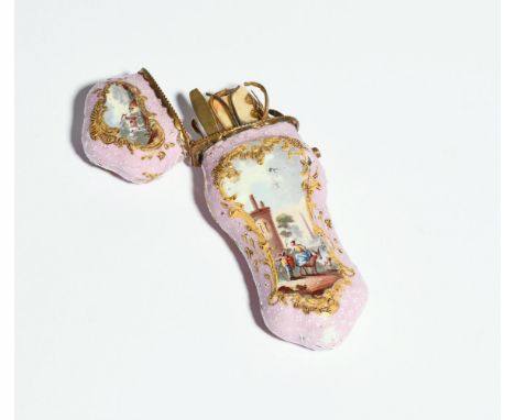 A Staffordshire enamel etui  c.1770, the shaped form painted with panels of figures and animals before Classical ruins, withi