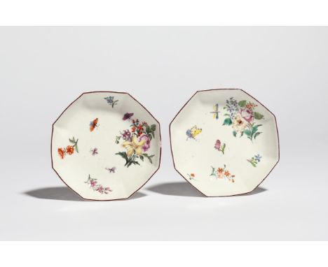 Two Chelsea octagonal saucers  c.1756-58, painted with butterflies and other insects in flight above flower sprays and single
