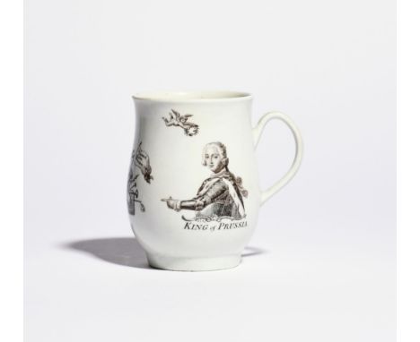 A Worcester bell-shaped mug dated 1757, printed in black with a half portrait of Frederick the Great, titled King of Prussia,